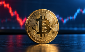 Bitcoin-Kurs am Scheideweg: 79.000 oder 90.000 USD als nächstes Ziel? Goldene Bitcoin-Münze vor einem unscharfen Kursverlauf mit Rücksetzer und anschließender Erholung.