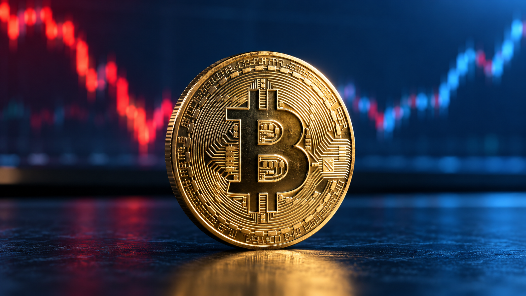 Goldene Bitcoin-Münze vor einem unscharfen Kursverlauf mit Rücksetzer und anschließender Erholung.