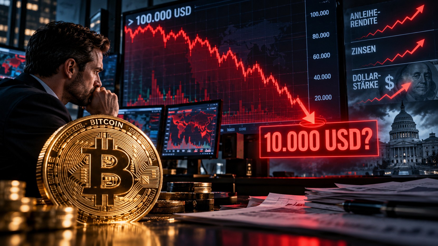 Bitcoin-Kursprognose von Bloomberg-Analyst Mike McGlone: Chart zeigt mögliches Kursziel bei 10.000 USD und drohende Korrektur von über 87 Prozent.