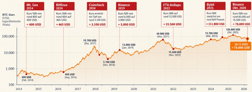 Bitcoin-Kursentwicklung von 2014 bis 2026 auf logarithmischer Skala mit Kurseinbrüchen nach den Börsenhacks von Mt. Gox, Bitfinex, Coincheck, Binance und Bybit sowie dem FTX-Kollaps.