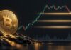 Goldene Bitcoin-Münze vor einem Kurschart mit markierten Unterstützungszonen und einer möglichen Kurserholung nach einer Korrektur.
