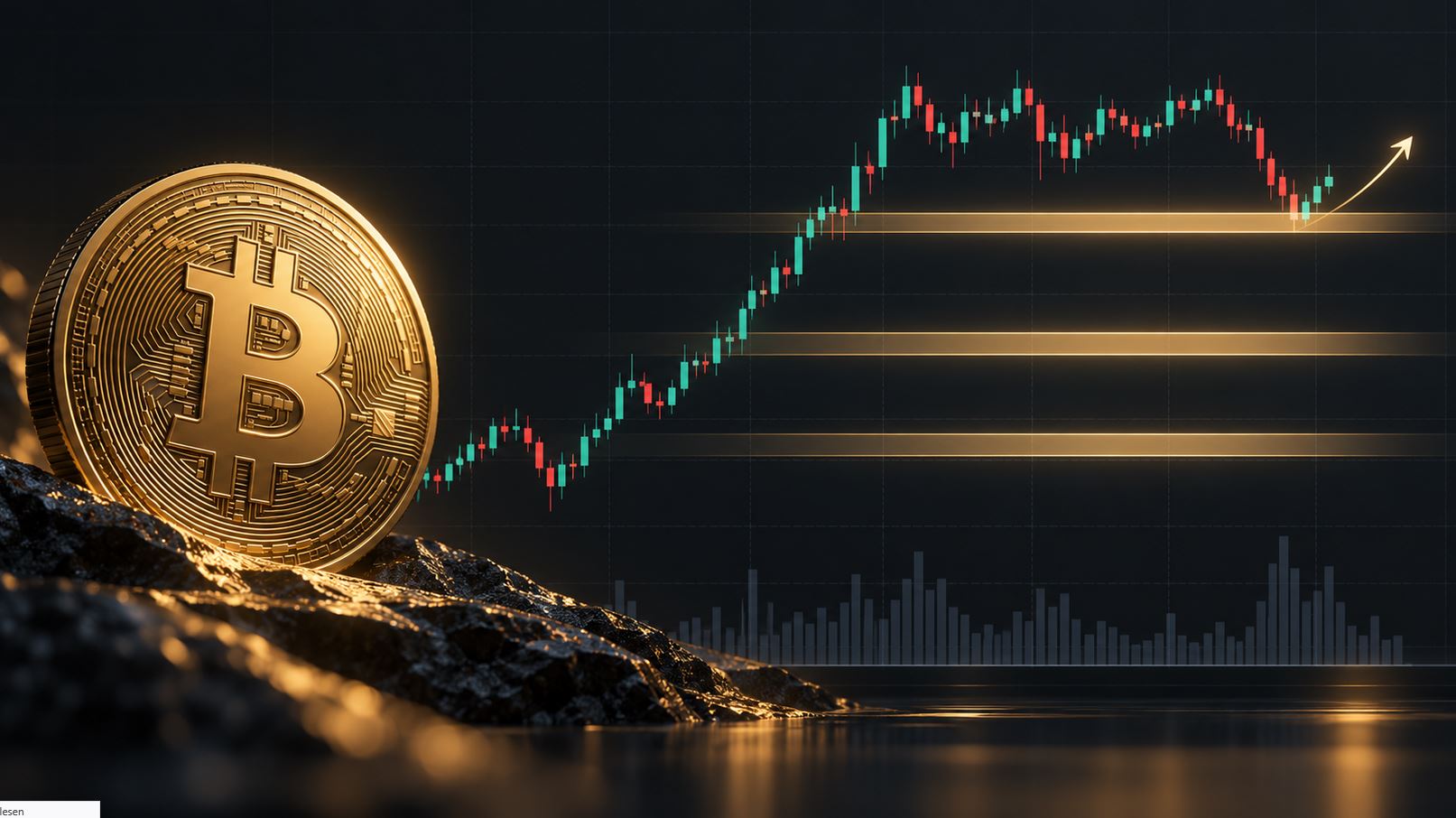 Goldene Bitcoin-Münze vor einem Kurschart mit markierten Unterstützungszonen und einer möglichen Kurserholung nach einer Korrektur.