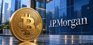 Bitcoin vor Mega-Rallye? J.P. Morgan erwartet höhere Renditen als bei Gold und Aktien Goldene Bitcoin-Münze vor einer blauen Glasfassade mit J.P.-Morgan-Schriftzug.