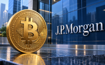 Bitcoin vor Mega-Rallye? J.P. Morgan erwartet höhere Renditen als bei Gold und Aktien Goldene Bitcoin-Münze vor einer blauen Glasfassade mit J.P.-Morgan-Schriftzug.