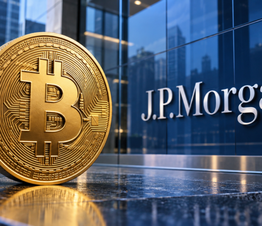 Goldene Bitcoin-Münze vor einer blauen Glasfassade mit J.P.-Morgan-Schriftzug.