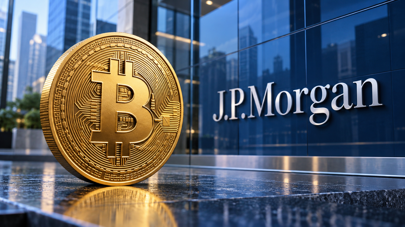 Goldene Bitcoin-Münze vor einer blauen Glasfassade mit J.P.-Morgan-Schriftzug.