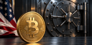 Goldene Bitcoin-Münze vor einer Stahltresortür mit US-Flagge im Hintergrund.