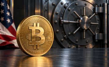 Goldene Bitcoin-Münze vor einer Stahltresortür mit US-Flagge im Hintergrund.