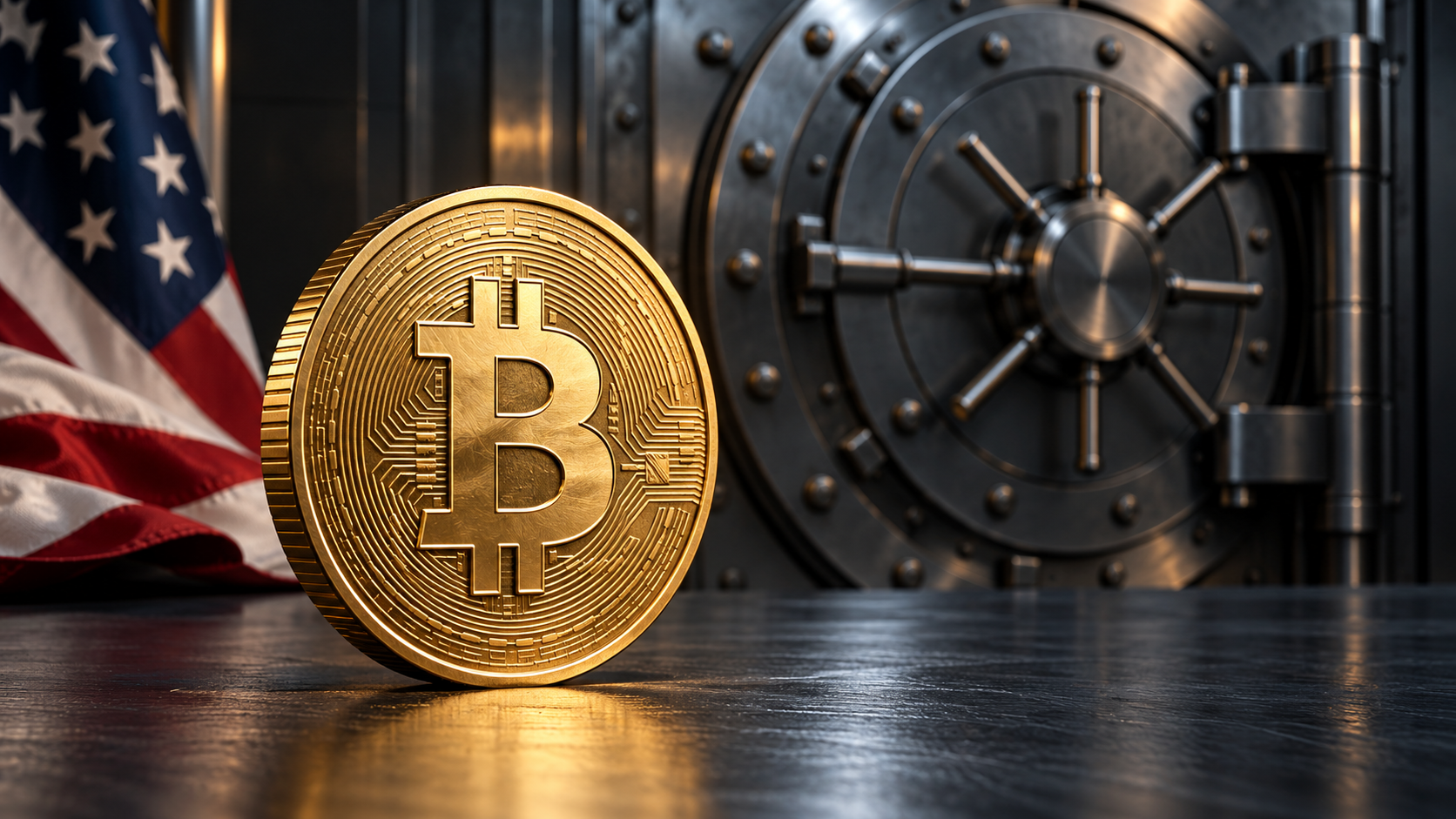Goldene Bitcoin-Münze vor einer Stahltresortür mit US-Flagge im Hintergrund.