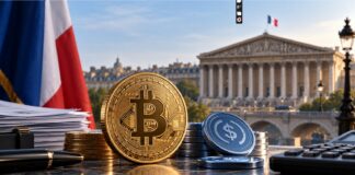 Goldene Bitcoin-Münze und Stablecoin vor dem französischen Parlament in Paris als Symbol für die geplante Besteuerung von Krypto-Swaps mit 31,4 Prozent ab 2027.