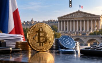 Goldene Bitcoin-Münze und Stablecoin vor dem französischen Parlament in Paris als Symbol für die geplante Besteuerung von Krypto-Swaps mit 31,4 Prozent ab 2027.