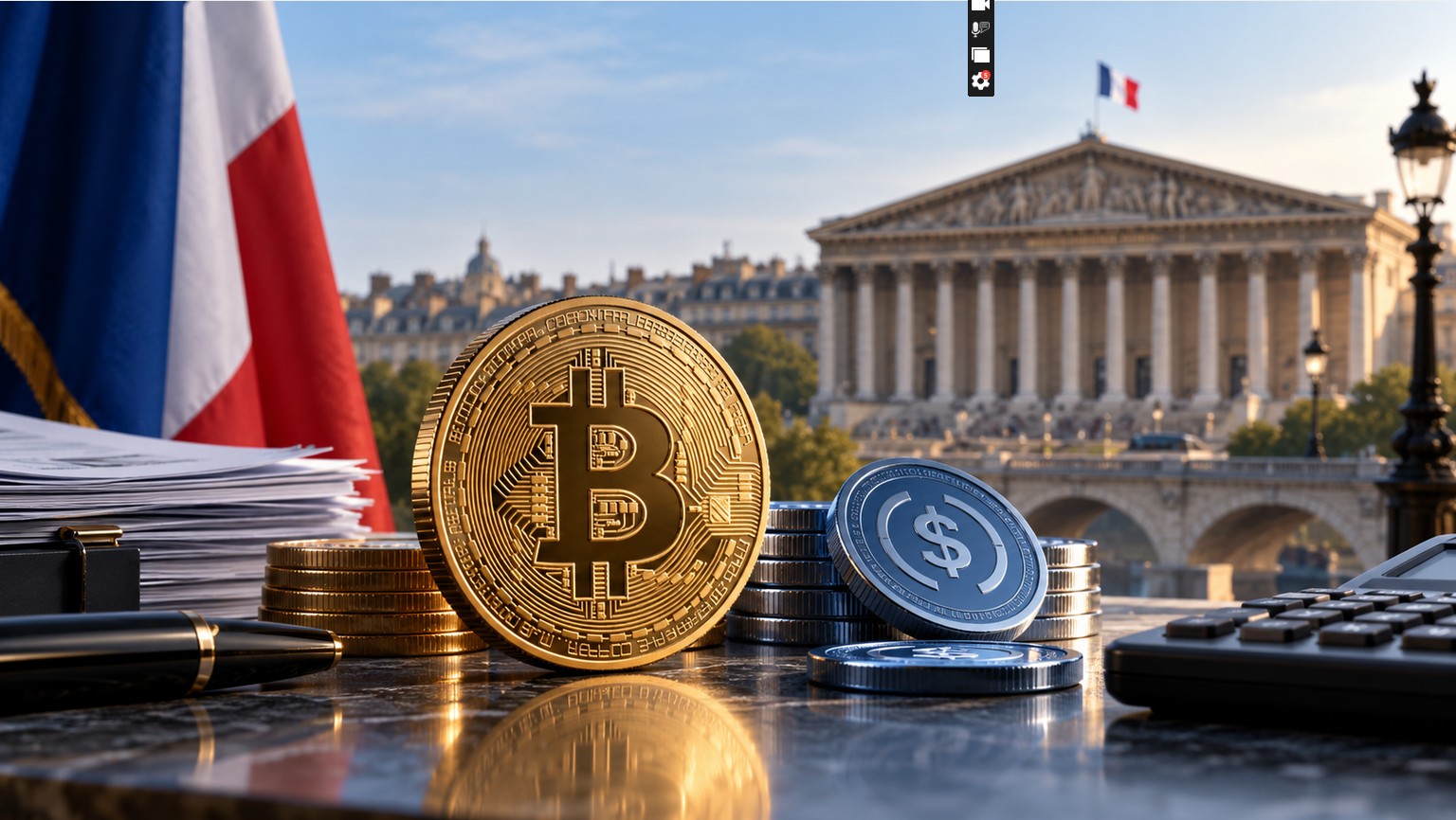 Goldene Bitcoin-Münze und Stablecoin vor dem französischen Parlament in Paris als Symbol für die geplante Besteuerung von Krypto-Swaps mit 31,4 Prozent ab 2027.