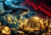 Bitcoin-Wale akkumulieren BTC trotz Kursrückgang – goldene Bitcoin-Münzen und fallender roter Kurschart
