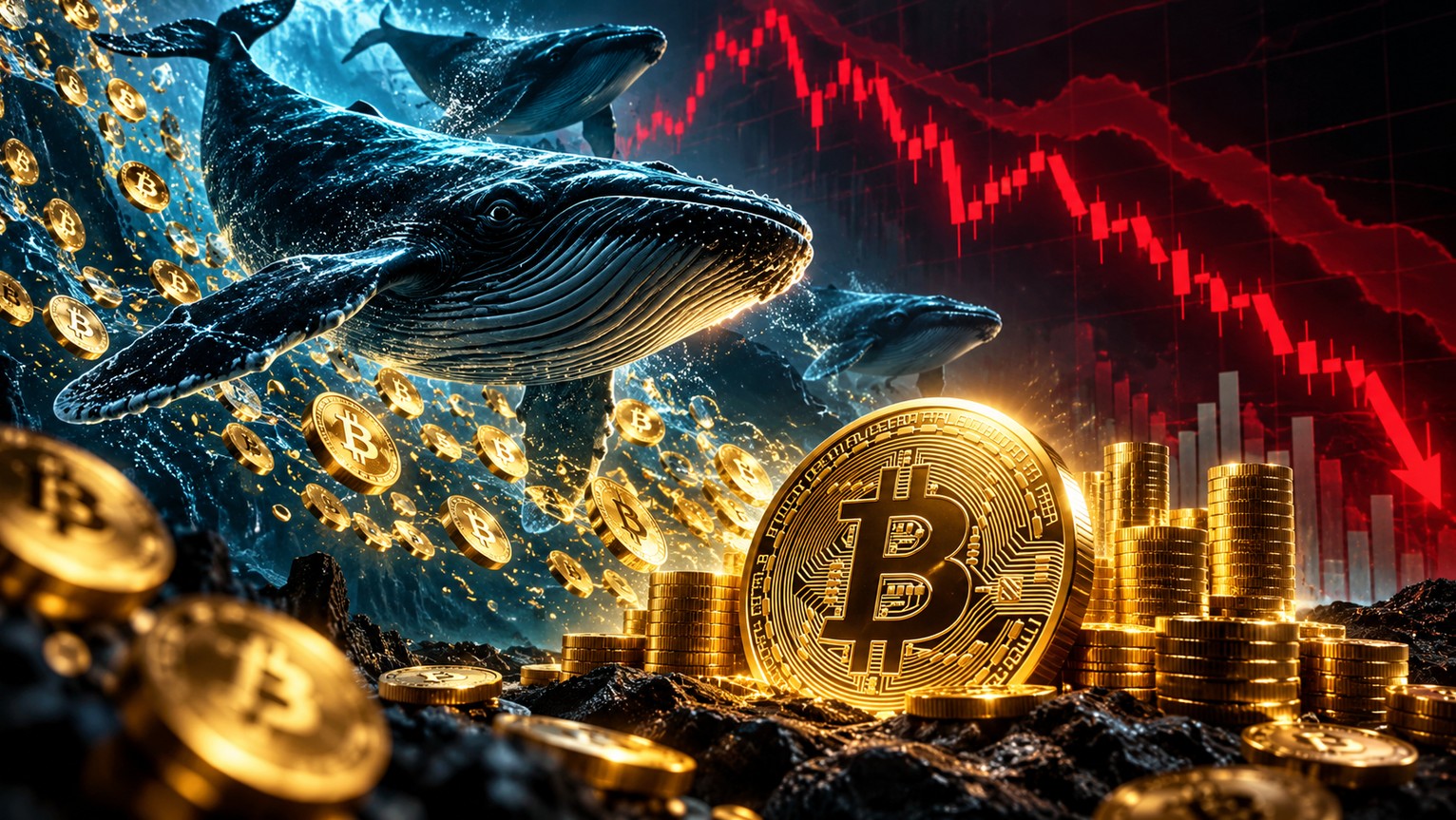Bitcoin-Wale akkumulieren BTC trotz Kursrückgang – goldene Bitcoin-Münzen und fallender roter Kurschart