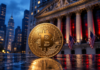 Bitcoin vor „Black Monday“ oder Short-Squeeze? Das wird für BTC und Krypto diese Woche wichtig Goldene Bitcoin-Münze vor der New Yorker Börse mit blauen und roten Lichtreflexen.