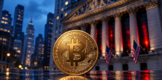 Goldene Bitcoin-Münze vor der New Yorker Börse mit blauen und roten Lichtreflexen.