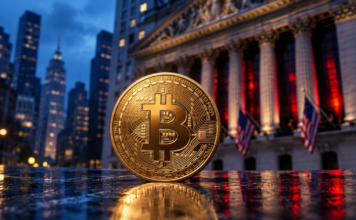 Goldene Bitcoin-Münze vor der New Yorker Börse mit blauen und roten Lichtreflexen.