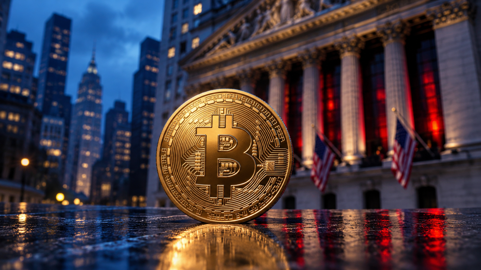 Goldene Bitcoin-Münze vor der New Yorker Börse mit blauen und roten Lichtreflexen.