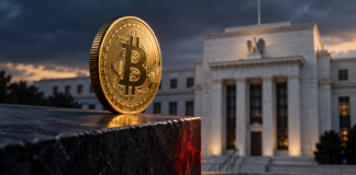 Goldene Bitcoin-Münze auf einer dunklen Kante vor dem Gebäude der US-Notenbank Federal Reserve.