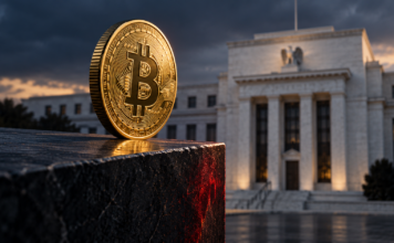 Goldene Bitcoin-Münze auf einer dunklen Kante vor dem Gebäude der US-Notenbank Federal Reserve.