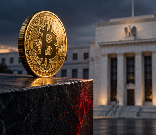 Goldene Bitcoin-Münze auf einer dunklen Kante vor dem Gebäude der US-Notenbank Federal Reserve.