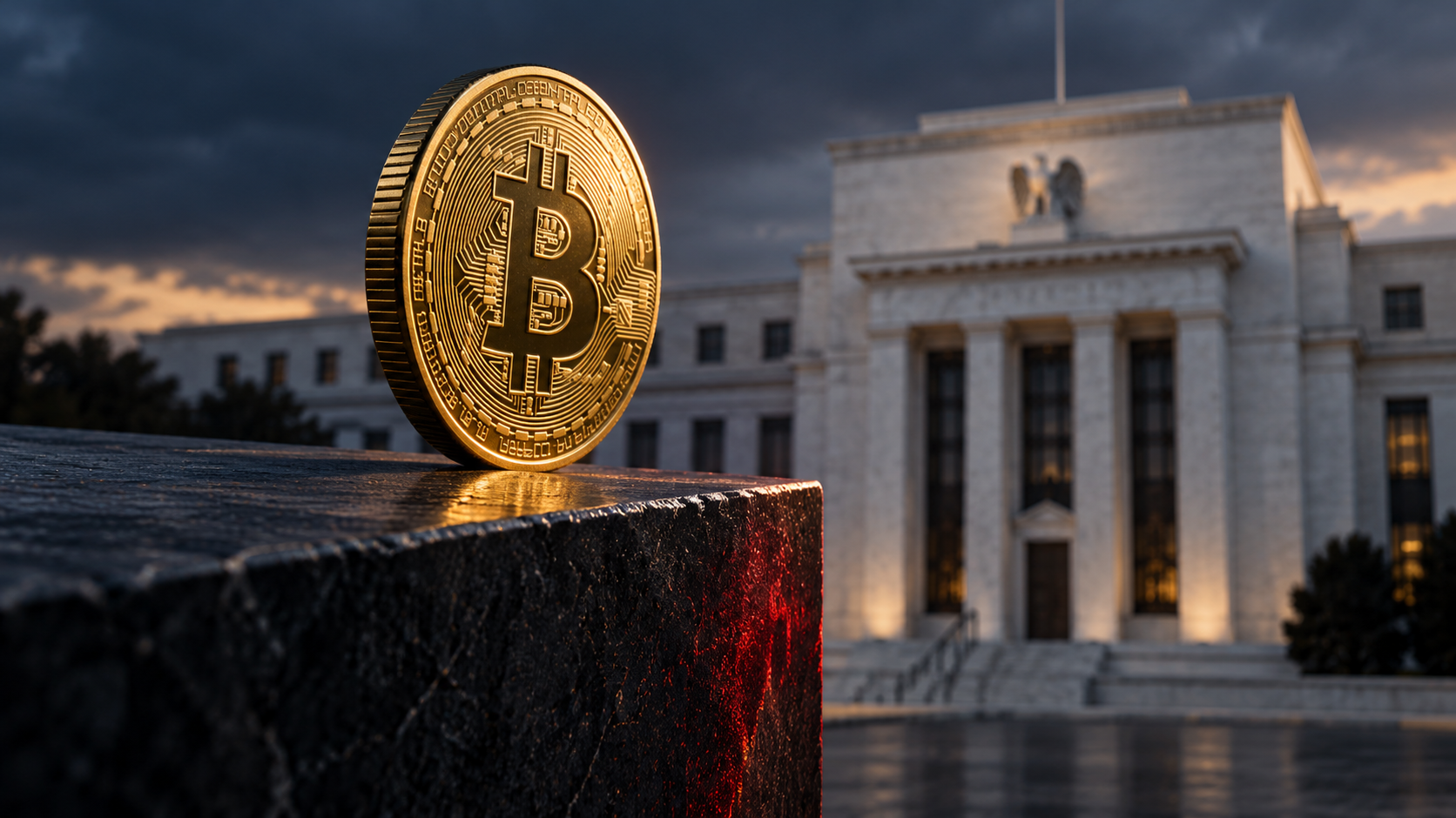 Goldene Bitcoin-Münze auf einer dunklen Kante vor dem Gebäude der US-Notenbank Federal Reserve.