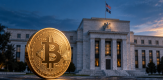 Goldene Bitcoin-Münze vor dem Gebäude der US-Notenbank Federal Reserve im Abendlicht.