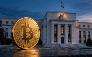 Goldene Bitcoin-Münze vor dem Gebäude der US-Notenbank Federal Reserve im Abendlicht.