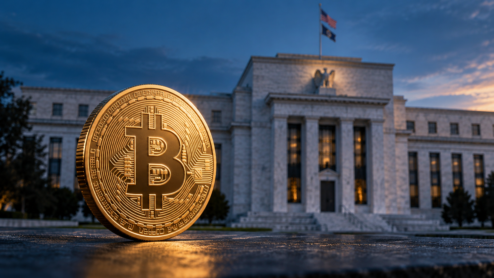 Goldene Bitcoin-Münze vor dem Gebäude der US-Notenbank Federal Reserve im Abendlicht.