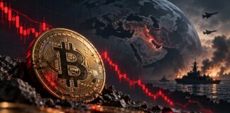 Bitcoin-Münze vor fallendem Kurschart und Weltkarte des Nahen Ostens – geopolitische Spannungen belasten den Kryptomarkt