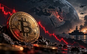 Bitcoin-Münze vor fallendem Kurschart und Weltkarte des Nahen Ostens – geopolitische Spannungen belasten den Kryptomarkt