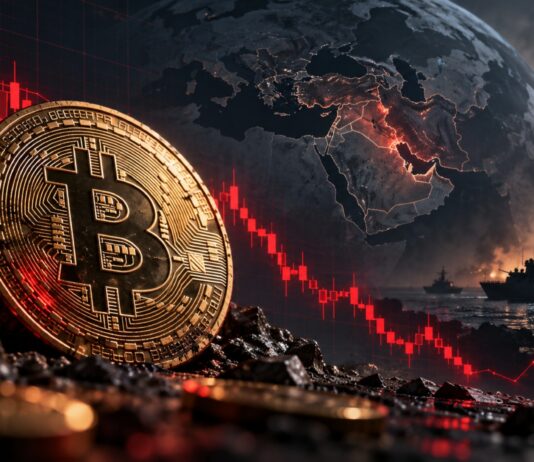Bitcoin-Münze vor fallendem Kurschart und Weltkarte des Nahen Ostens – geopolitische Spannungen belasten den Kryptomarkt