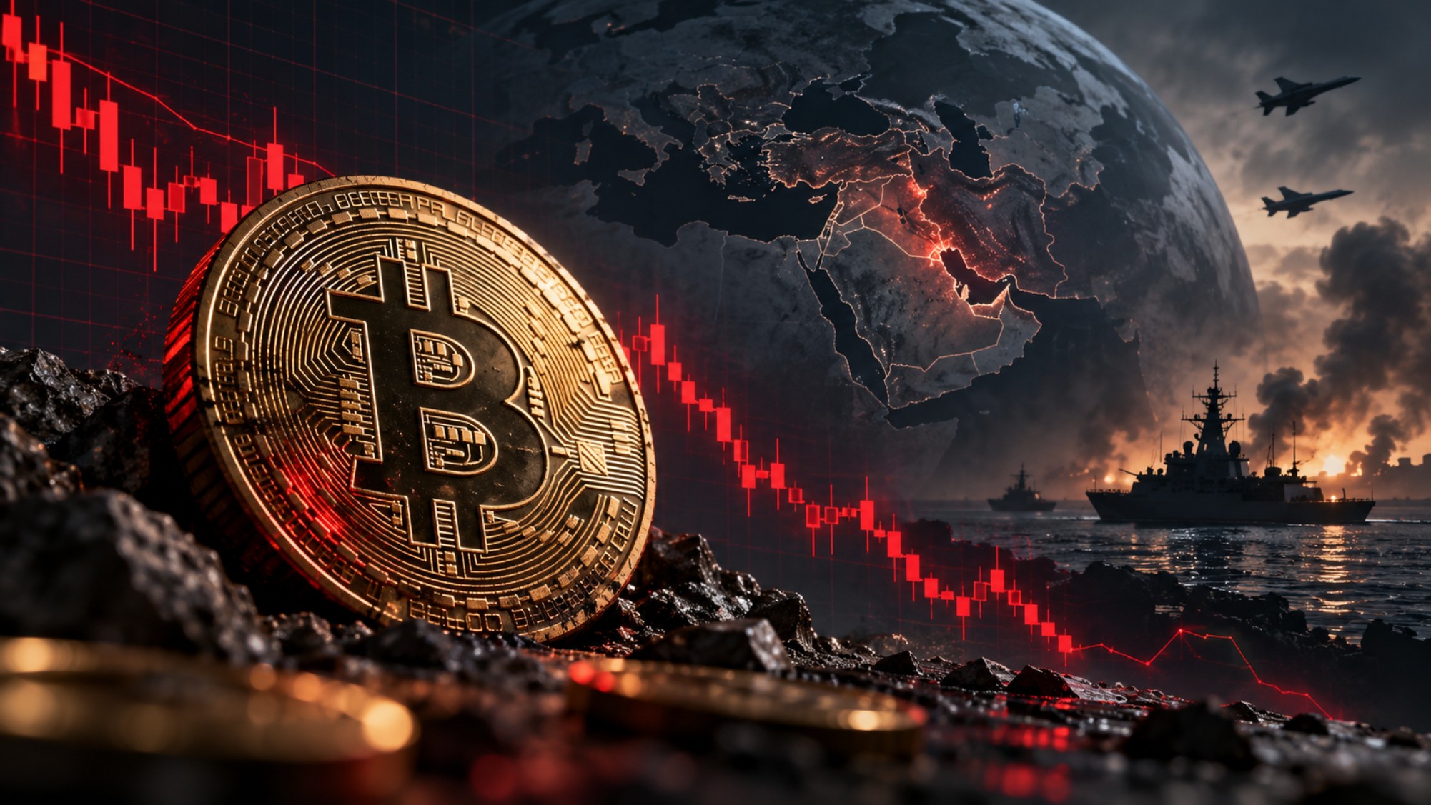 Bitcoin-Münze vor fallendem Kurschart und Weltkarte des Nahen Ostens – geopolitische Spannungen belasten den Kryptomarkt