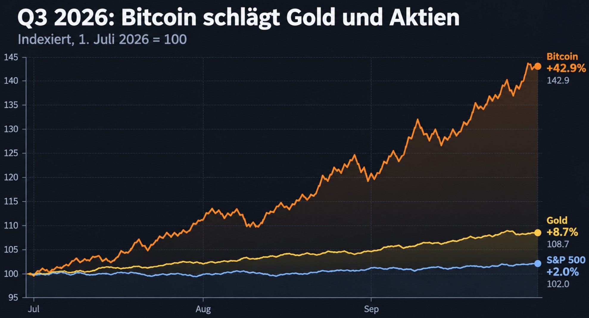 Linienchart zur Q3-Performance 2026 von Bitcoin, Gold und S&P 500, indexiert auf 100 zum 1. Juli 2026.