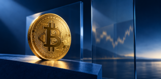 Goldene Bitcoin-Münze vor einer blau beleuchteten Finanzkulisse mit stilisierter Kurslinie.
