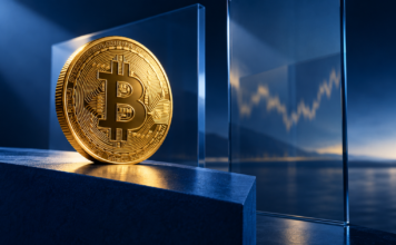 Goldene Bitcoin-Münze vor einer blau beleuchteten Finanzkulisse mit stilisierter Kurslinie.