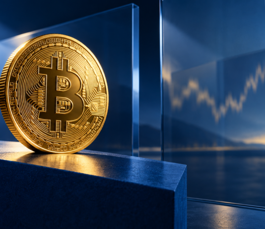 Goldene Bitcoin-Münze vor einer blau beleuchteten Finanzkulisse mit stilisierter Kurslinie.