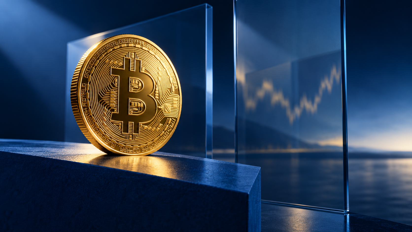 Goldene Bitcoin-Münze vor einer blau beleuchteten Finanzkulisse mit stilisierter Kurslinie.