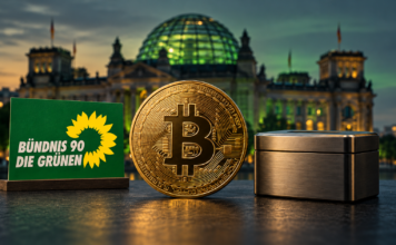 Goldene Bitcoin-Münze neben einer metallenen Spardose vor dem unscharfen Reichstagsgebäude mit grün beleuchteter Kuppel.
