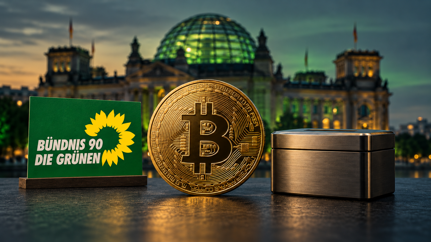 Goldene Bitcoin-Münze neben einer metallenen Spardose vor dem unscharfen Reichstagsgebäude mit grün beleuchteter Kuppel.