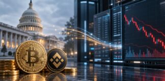 US-Kapitol mit Bitcoin- und BNB-Münzen vor Handelsbildschirmen mit fallendem Kursdiagramm als Symbol für Krypto-Transfers der US-Regierung und mögliche Marktreaktionen.