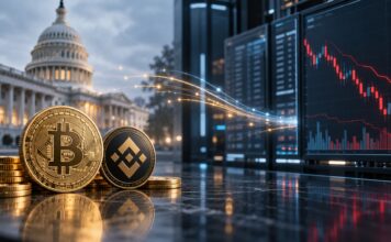 US-Kapitol mit Bitcoin- und BNB-Münzen vor Handelsbildschirmen mit fallendem Kursdiagramm als Symbol für Krypto-Transfers der US-Regierung und mögliche Marktreaktionen.