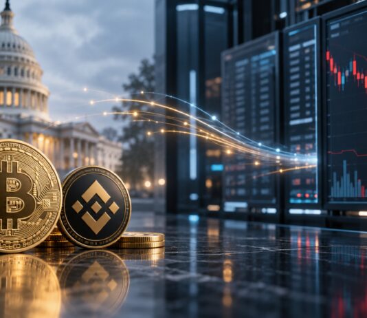 US-Kapitol mit Bitcoin- und BNB-Münzen vor Handelsbildschirmen mit fallendem Kursdiagramm als Symbol für Krypto-Transfers der US-Regierung und mögliche Marktreaktionen.