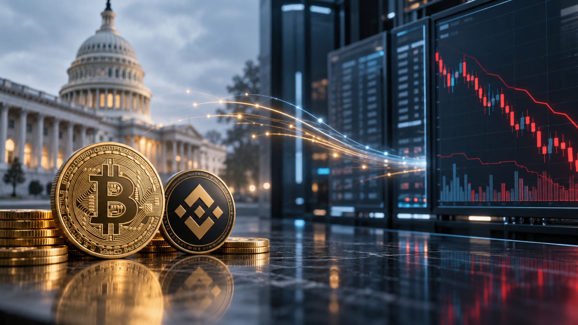 US-Kapitol mit Bitcoin- und BNB-Münzen vor Handelsbildschirmen mit fallendem Kursdiagramm als Symbol für Krypto-Transfers der US-Regierung und mögliche Marktreaktionen.