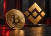 Goldene Bitcoin-Münze vor einem Binance-Logo auf dunklem Hintergrund mit roter Beleuchtung.
