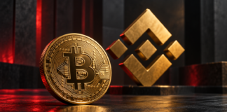 Goldene Bitcoin-Münze vor einem Binance-Logo auf dunklem Hintergrund mit roter Beleuchtung.