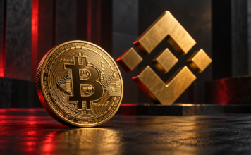 Goldene Bitcoin-Münze vor einem Binance-Logo auf dunklem Hintergrund mit roter Beleuchtung.