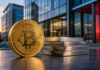 Bitcoin-Münze neben gestapelten Metallplatten vor einer modernen Bankfassade.
