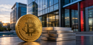 Bitcoin: DekaBank mit Millionenposition in Strategy – doch eine Frage bleibt Bitcoin-Münze neben gestapelten Metallplatten vor einer modernen Bankfassade.