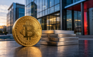 Bitcoin: DekaBank mit Millionenposition in Strategy – doch eine Frage bleibt Bitcoin-Münze neben gestapelten Metallplatten vor einer modernen Bankfassade.